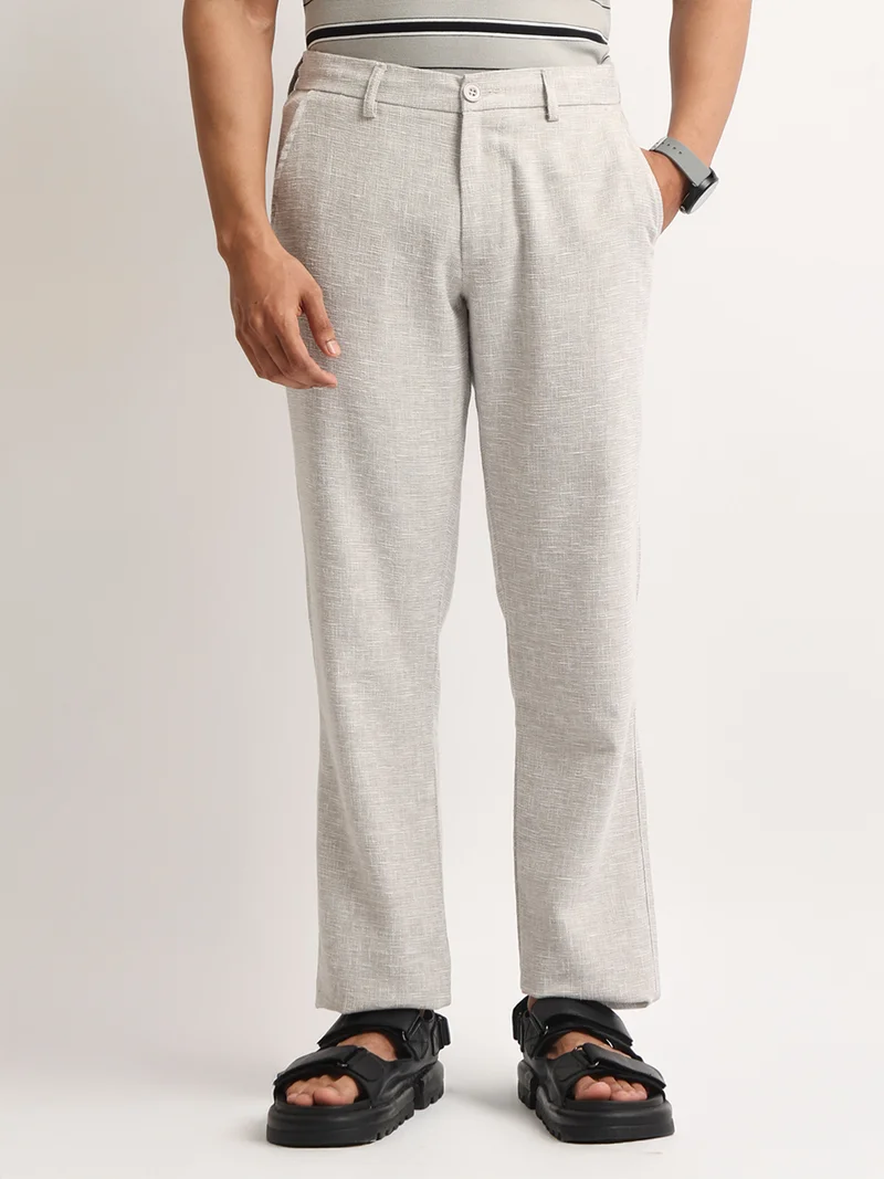 Maniac  Maniac Mens Solid Grey Elastic Linen Cotton Blend Trouser for Men | Best Price UAE